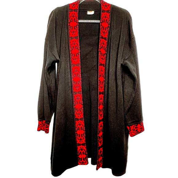 YSEM Vintage Open Front Duster Cardigan Sweater Long Sleeve Black Red Size XL - Picture 1 of 6